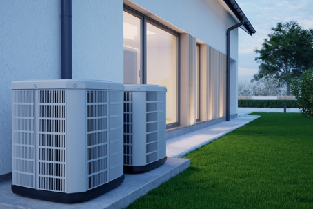 Air heat pumps beside house..